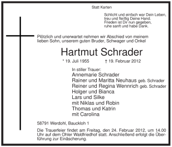 Traueranzeige von Hartmut Schrader von Tageszeitung