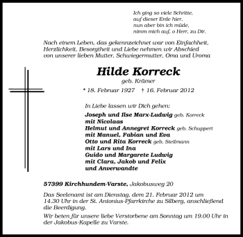 Traueranzeige von Hilde Korreck von Tageszeitung