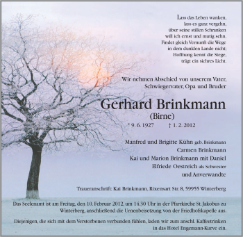Traueranzeige von Gerhard Brinkmann von Tageszeitung