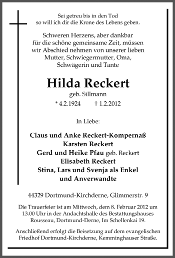 Traueranzeige von Hilda Reckert von Tageszeitung
