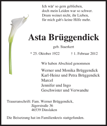 Traueranzeige von Asta Brüggendick von Tageszeitung