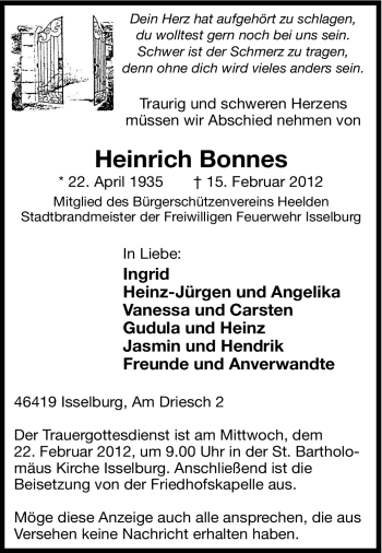 Traueranzeige von Heinrich Bonnes von Tageszeitung