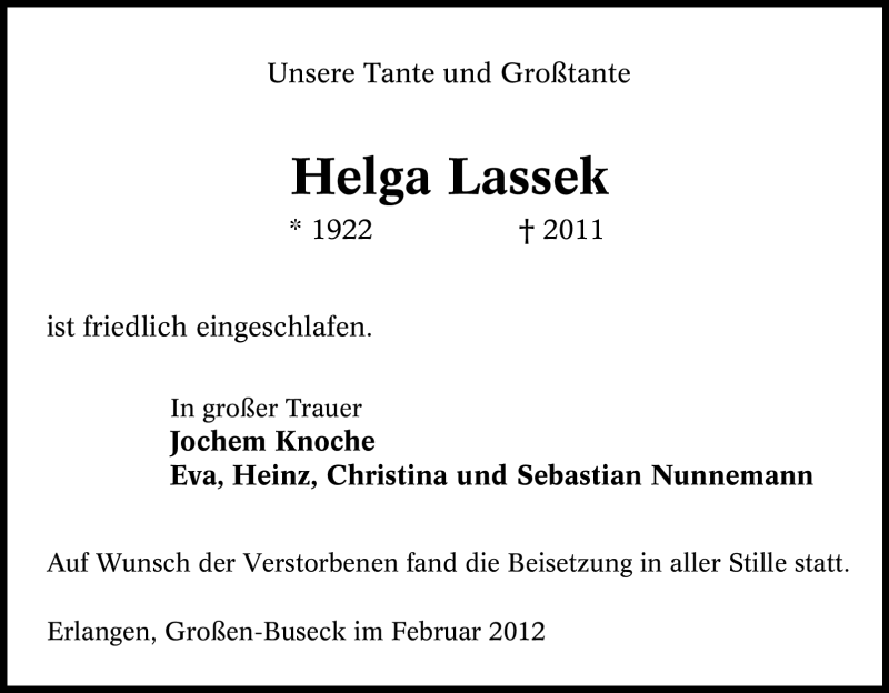  Traueranzeige für Helga Lassek vom 06.02.2012 aus WESTDEUTSCHE ALLGEMEINE ZEITUNG