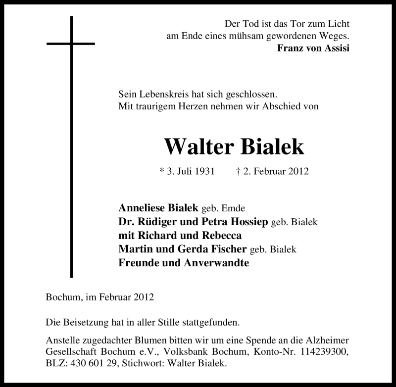  Traueranzeige für Walter Bialek vom 18.02.2012 aus Tageszeitung