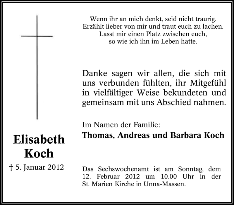  Traueranzeige für Elisabeth Koch vom 08.02.2012 aus Tageszeitung