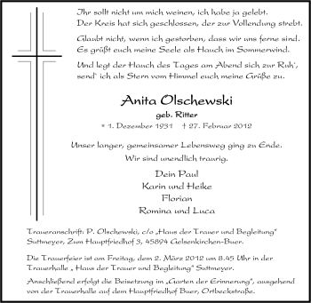 Traueranzeige von Anita Olschewski von Tageszeitung