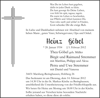 Traueranzeige von Heinz Göbel von Tageszeitung