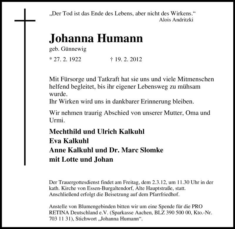 Traueranzeige für Johanna Humann vom 25.02.2012 aus Tageszeitung