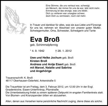 Traueranzeige von Eva Broß von Tageszeitung