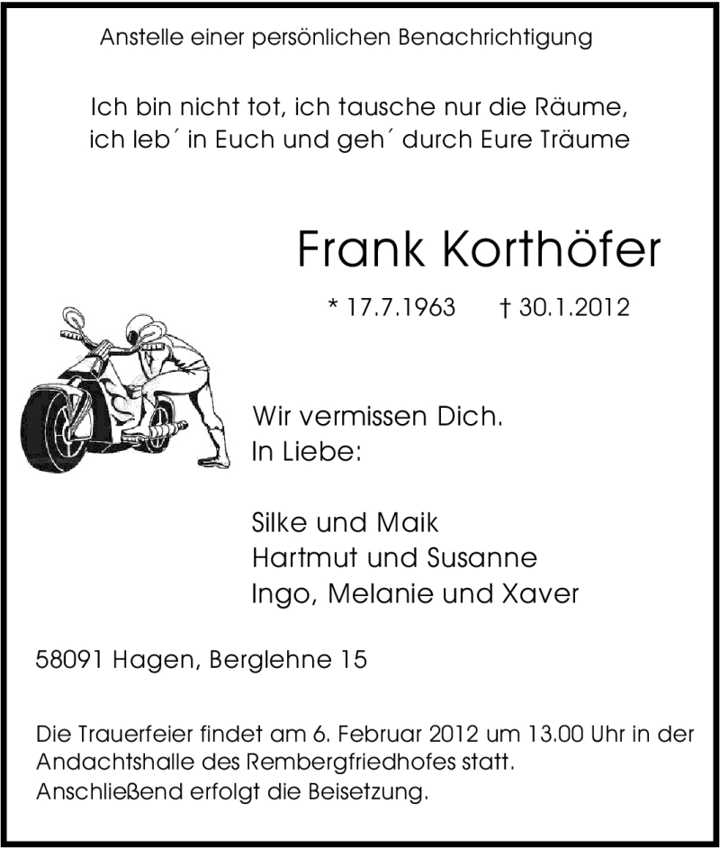  Traueranzeige für Frank Korthöfer vom 04.02.2012 aus Tageszeitung