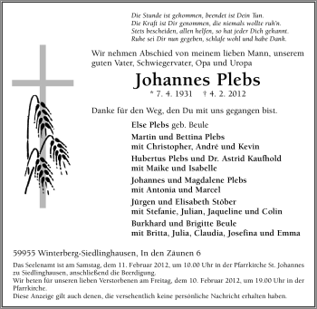 Traueranzeige von Johannes Plebs von Tageszeitung