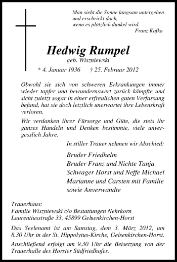 Traueranzeige von Hedwig Rumpel von Tageszeitung