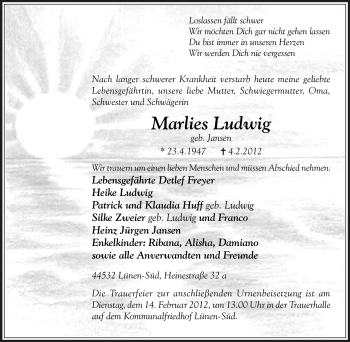 Traueranzeige von Marlies Ludwig von Tageszeitung