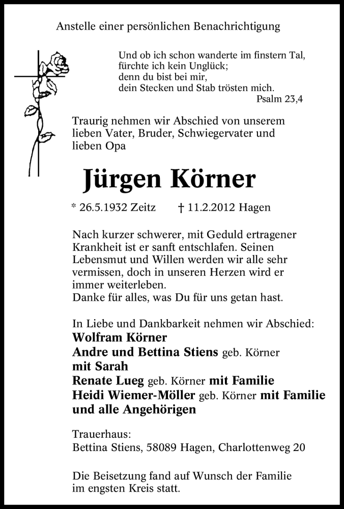  Traueranzeige für Jürgen Körner vom 18.02.2012 aus Tageszeitung