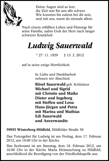 Traueranzeige von Ludwig Sauerwald von Tageszeitung