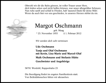 Traueranzeige von Margot Oschmann von Tageszeitung