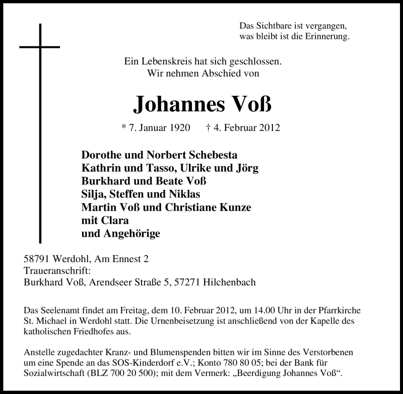  Traueranzeige für Johannes Voß vom 08.02.2012 aus Tageszeitung