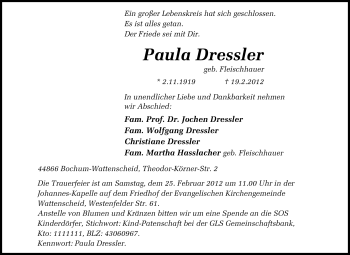 Traueranzeige von Paula Dressler von Tageszeitung