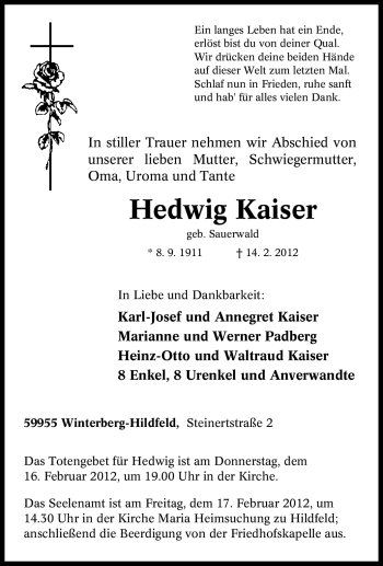 Traueranzeige von Hedwig Kaiser von Tageszeitung