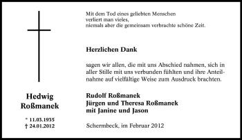 Traueranzeige von Hedwig Roßmanek von Tageszeitung