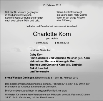 Traueranzeige von Charlotte Korn von Tageszeitung