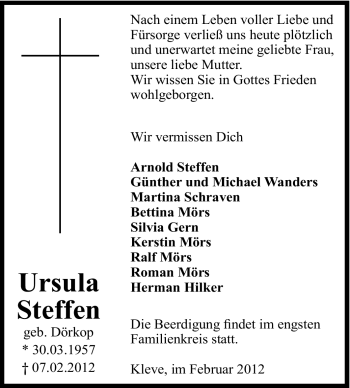 Traueranzeige von Ursula Steffen von Tageszeitung