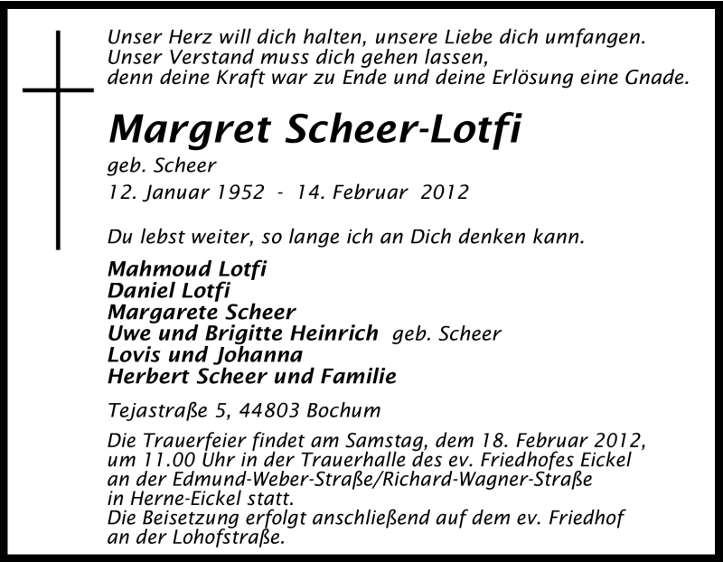  Traueranzeige für Margret Scheer-Lotfi vom 16.02.2012 aus Tageszeitung