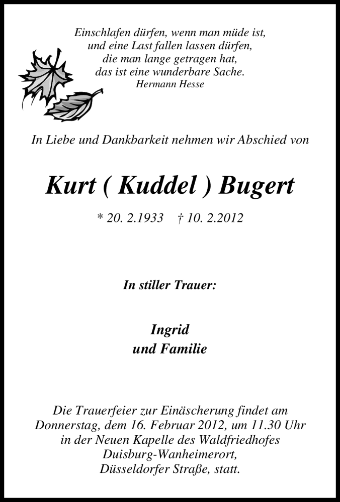  Traueranzeige für Kurt Bugert vom 13.02.2012 aus Tageszeitung