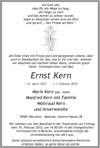 Traueranzeige von Ernst Kern von Tageszeitung