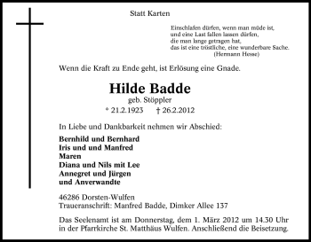 Traueranzeige von Hilde Badde von Tageszeitung