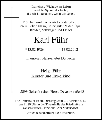 Traueranzeige von Karl Führ von Tageszeitung