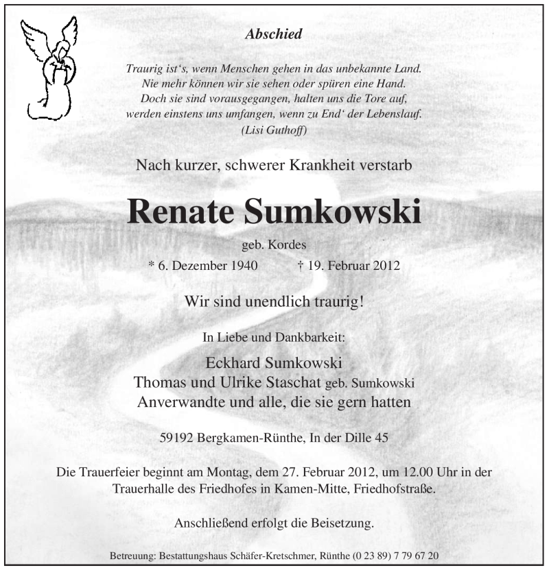  Traueranzeige für Renate Sumkowski vom 22.02.2012 aus Tageszeitung