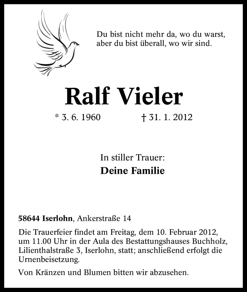  Traueranzeige für Ralf Vieler vom 04.02.2012 aus Tageszeitung
