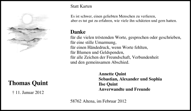  Traueranzeige für Thomas Quint vom 11.02.2012 aus Tageszeitung