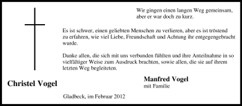 Traueranzeige von Christel Vogel von Tageszeitung