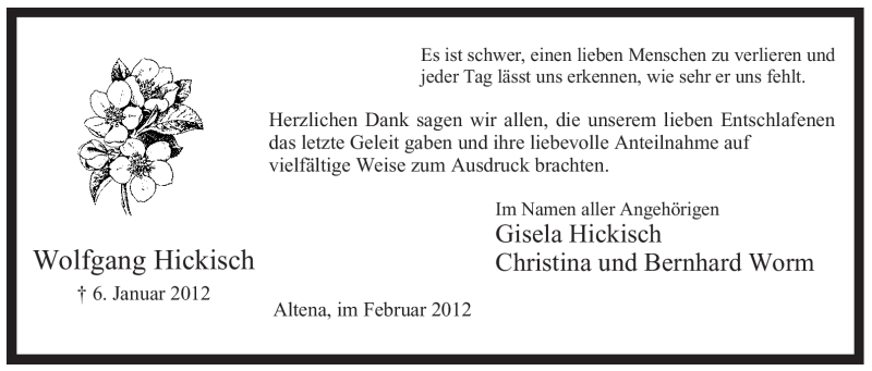  Traueranzeige für Wolfgang Hickisch vom 04.02.2012 aus Tageszeitung