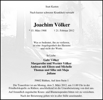 Traueranzeige von Joachim Völker von Tageszeitung