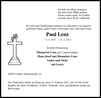 Traueranzeige von Paul Lenz von Tageszeitung
