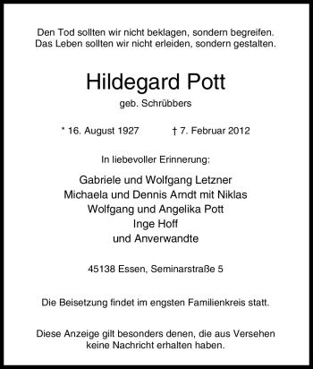 Traueranzeige von Hildegard Pott von Tageszeitung