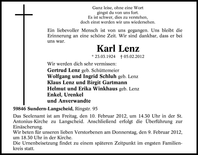  Traueranzeige für Karl Lenz vom 06.02.2012 aus Tageszeitung