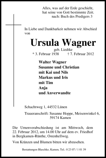 Traueranzeige von Ursula Wagner von Tageszeitung
