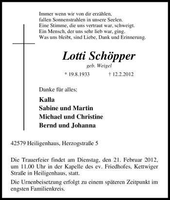 Traueranzeige von Lotti Schöpper von Tageszeitung