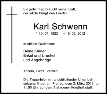 Traueranzeige von Karl Schwenn von Tageszeitung