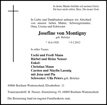 Traueranzeige von Josefine von Montigny von Tageszeitung