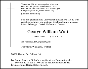 Traueranzeige von George William Watt von Tageszeitung