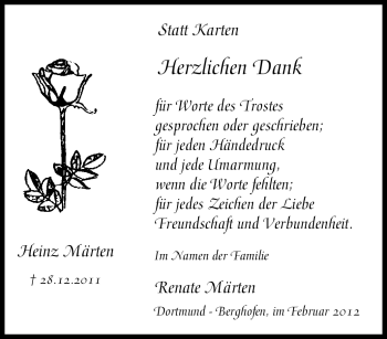 Traueranzeige von Heinz Märten von Tageszeitung