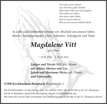 Traueranzeige von Magdalene Vitt von Tageszeitung