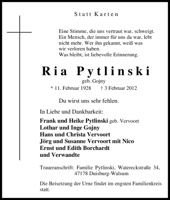 Traueranzeige von Ria Pytlinski von Tageszeitung