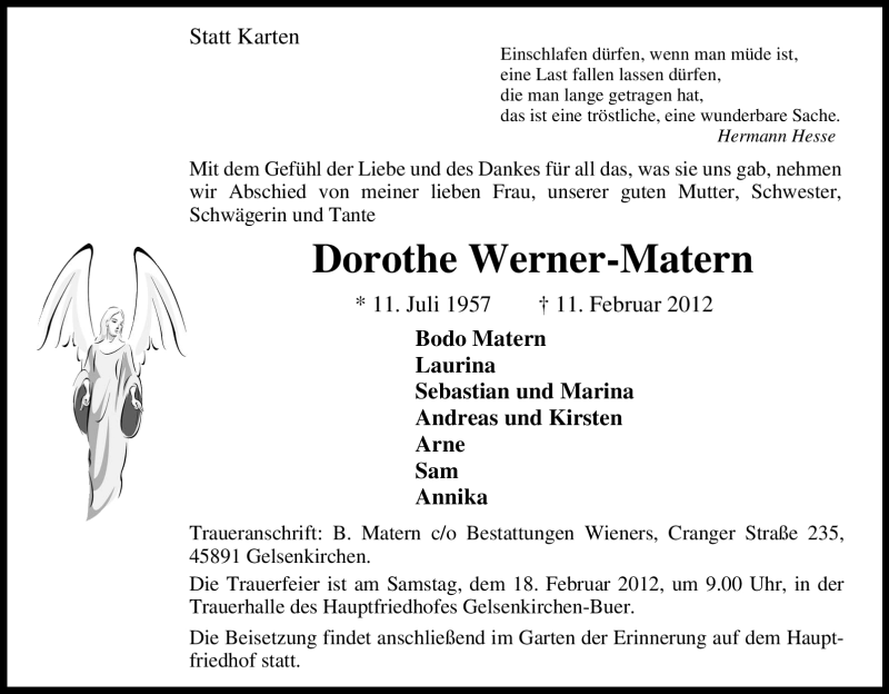 Traueranzeige für Dorothe Werner-Matern vom 14.02.2012 aus Tageszeitung