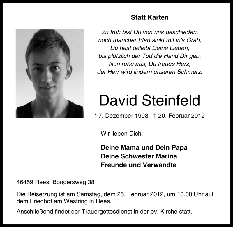  Traueranzeige für David Steinfeld vom 21.02.2012 aus Tageszeitung